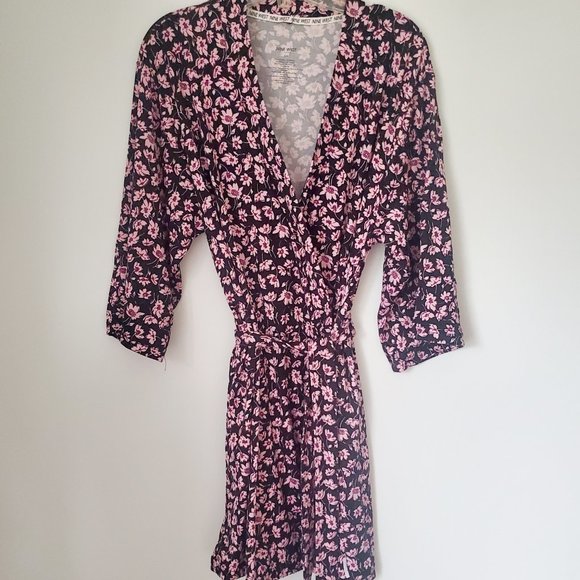 Lingerie Set Robe & Chemise Ditzy Pink Floral on Black Lace Detail Loungey Comfy - Picture 7 of 10